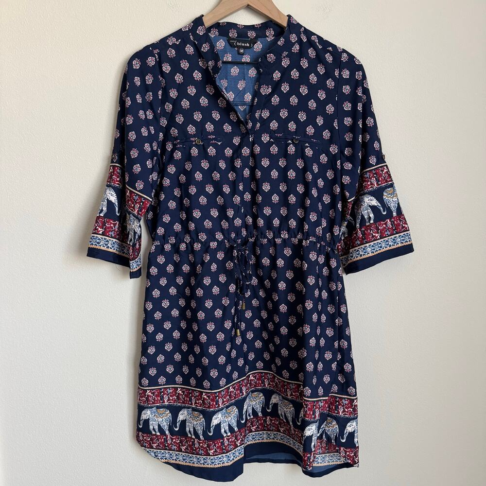 Hint of Blush Women Navy Blue Boho Elephant V-Neck Tunic Short Dress Size Medium